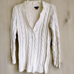 VTG Women’s V-Neck Tunic Cable Knit Ivory Long Sleeve Rare Sweater Link Sz S